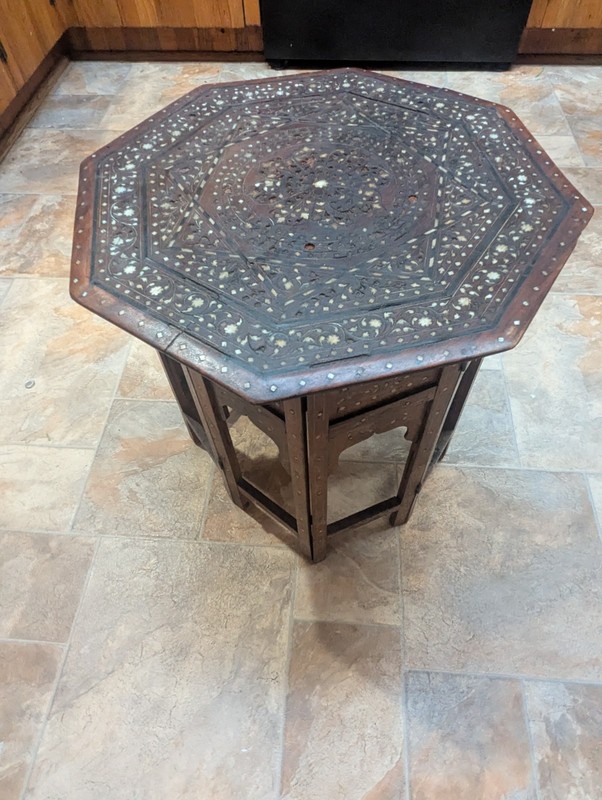 Antique Octagonal Coffee End / Table Bone Inlay Inlaid Moroccan Indian Folding