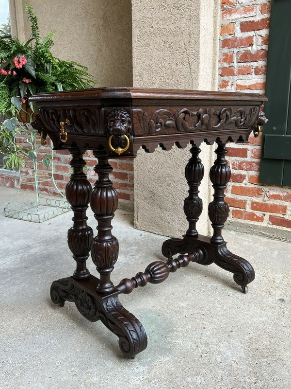 Antique French Carved Oak Library Table Petite Desk Renaissance Lion 19th c gallery