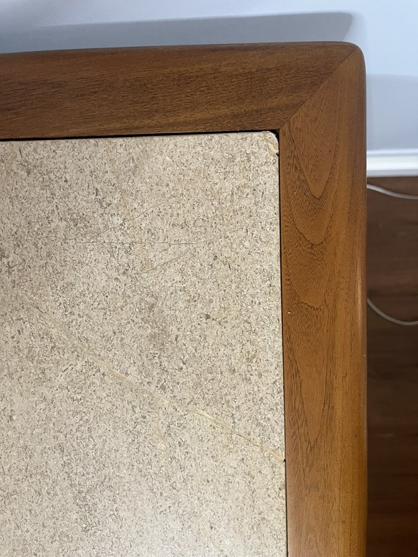 Lane Perception entrytable/sofa table MCM-walnut and travertine. Rare piece gallery