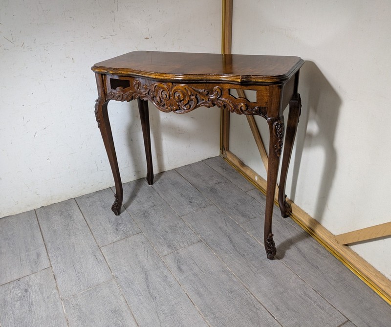 Vintage French Provincial Burl Walnut Side Entry Table Carved Wood Louis XV J76 gallery