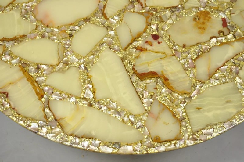 Hollywood Regency Gold Iron Scroll Agate Stone Specimen Resin Top Coffee Table gallery