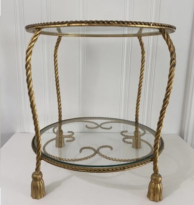 Mid Century Gold Italian Tassel Rope Round Side Table Hollywood Regency No Glass gallery