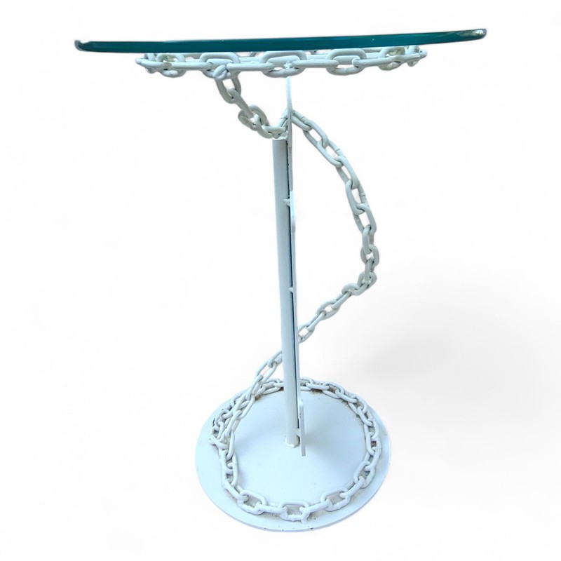 Vintage Wrought Iron Anchor & Chain Side Table Glass Top Lake House Yacht White gallery