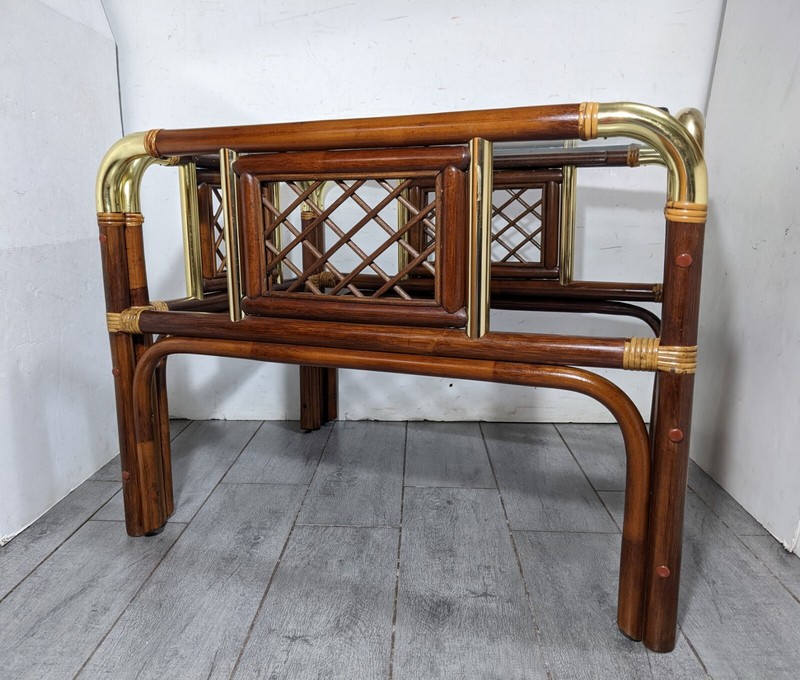 Vintage MCM Boho Hollywood Regency Bent Bamboo Asian End Table with Glass Top A gallery