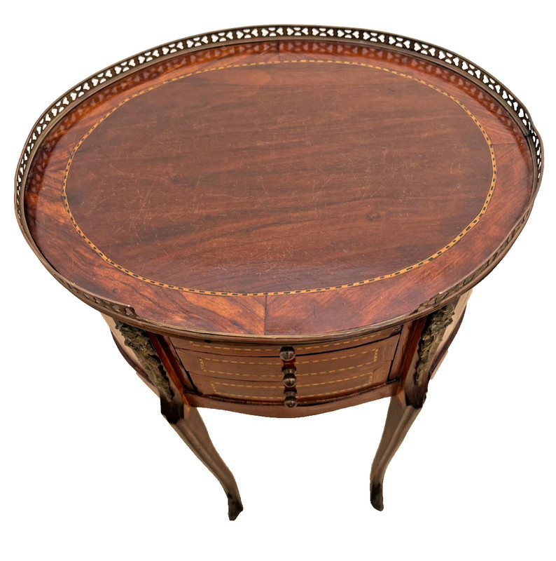 Oval accent Table Nightstand Three Drawers, Inlays, Brass Accents French style gallery