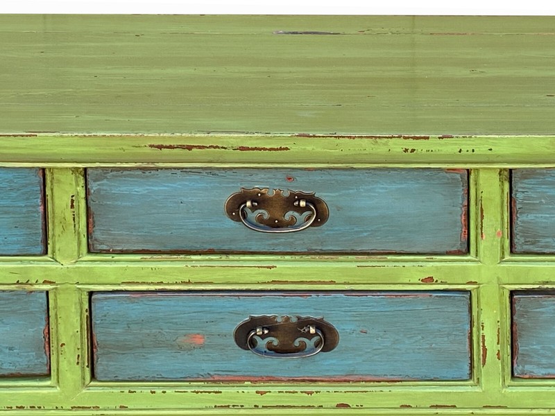 Distressed Lime Green 6 Blue Drawers Pedestal Sideboard Console Cabinet cs7823 gallery