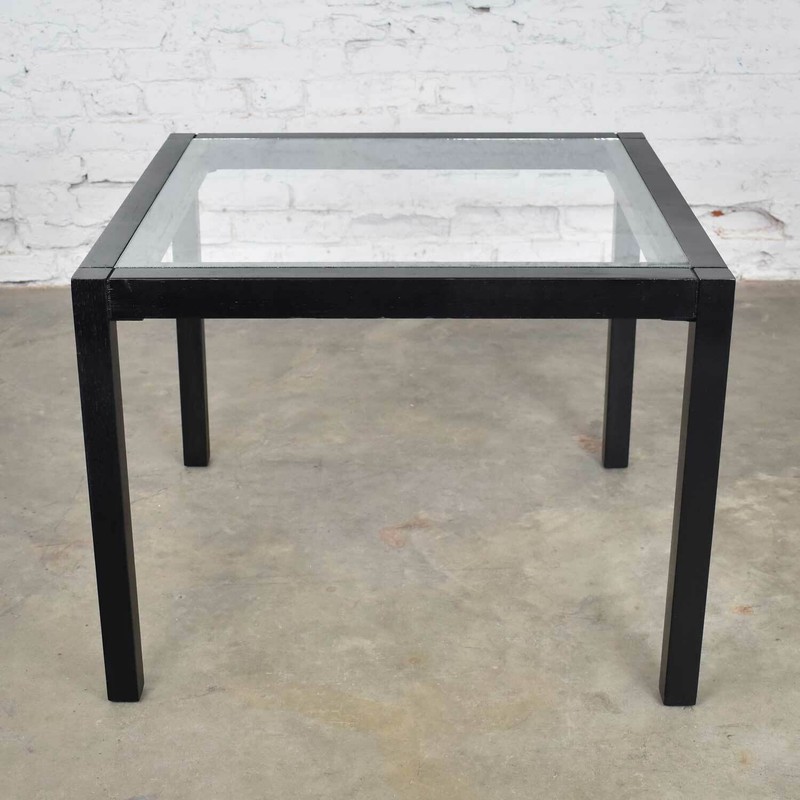 Vintage Blackened Oak Square Parsons Style Side Table with Glass Top