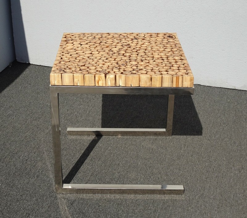 Vintage Contemporary Modern Wood Slice Side End Table w Chrome Base gallery