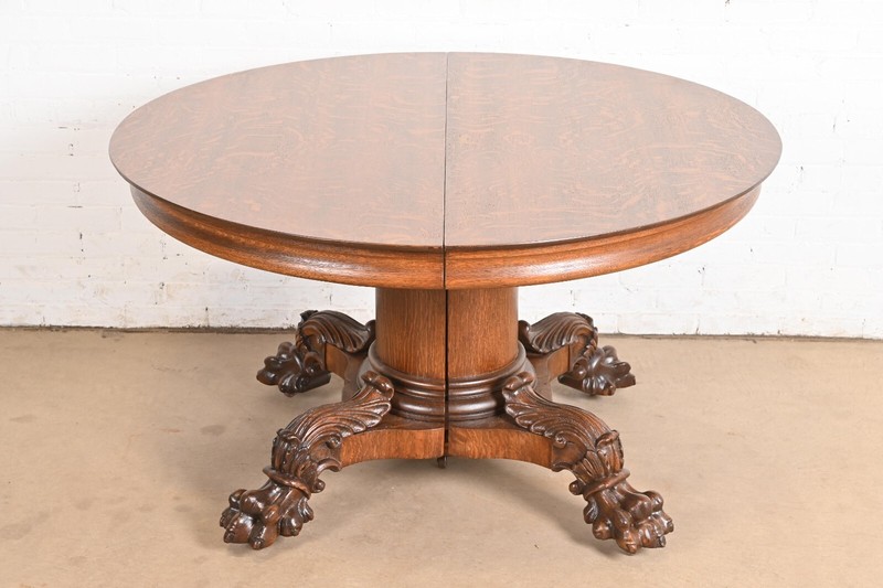 George C. Flint Co. Antique Victorian Oak Split Pedestal Extension Dining Table
