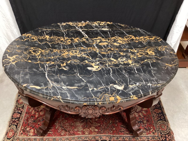 Antique Victorian large marble top table mahogany circa 1850 attributed to Meeks gallery