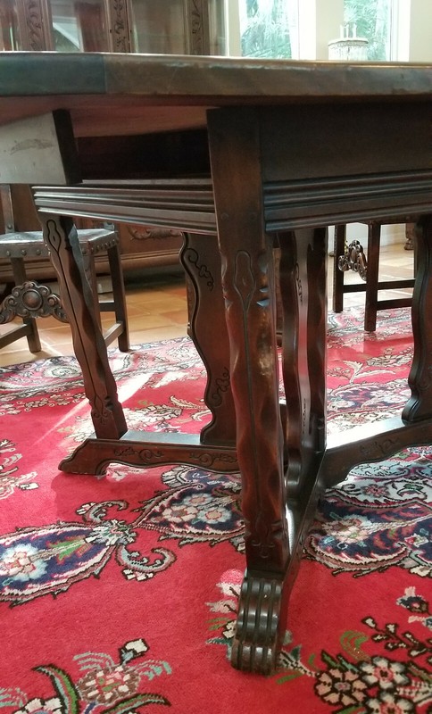 ANTIQUE 19c SPANISH RENAISSANCE REVIVAL CARVED WOOD DINING TABLE + 6 EXTENSION gallery