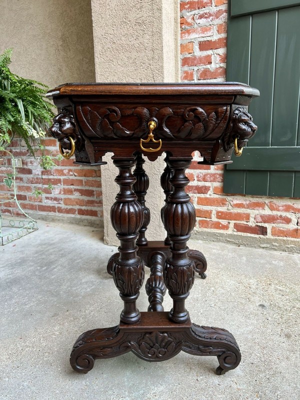 Antique French Carved Oak Library Table Petite Desk Renaissance Lion 19th c gallery