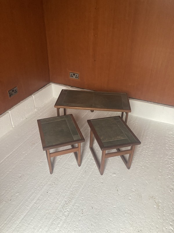 Mid Century Danish Slate / Stone Tiled Top Nest Of 3 Tables