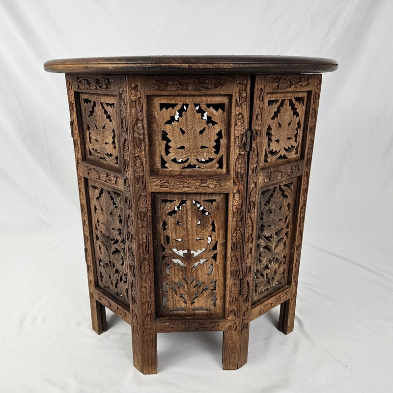 Vintage MCM Carved Octagon Folding Teak Wood Table Plant Stand Moroccan Boho gallery