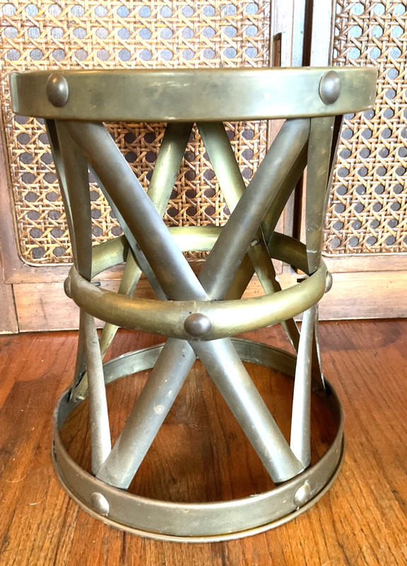 Vintage Brass Lattice Drum end Table plantstand Stool MCM Hollywood Regency