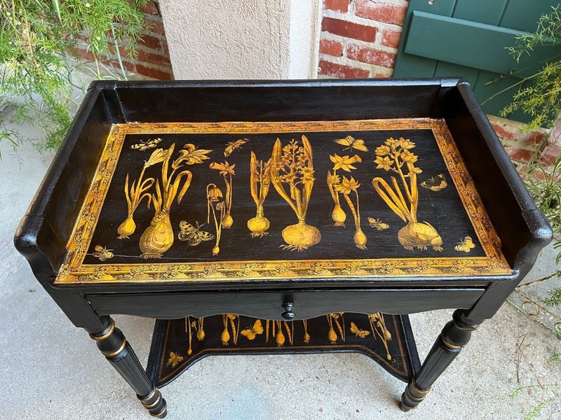 Antique English Sofa Side Table Decoupage Botanical Floral Black Gold c1890 gallery