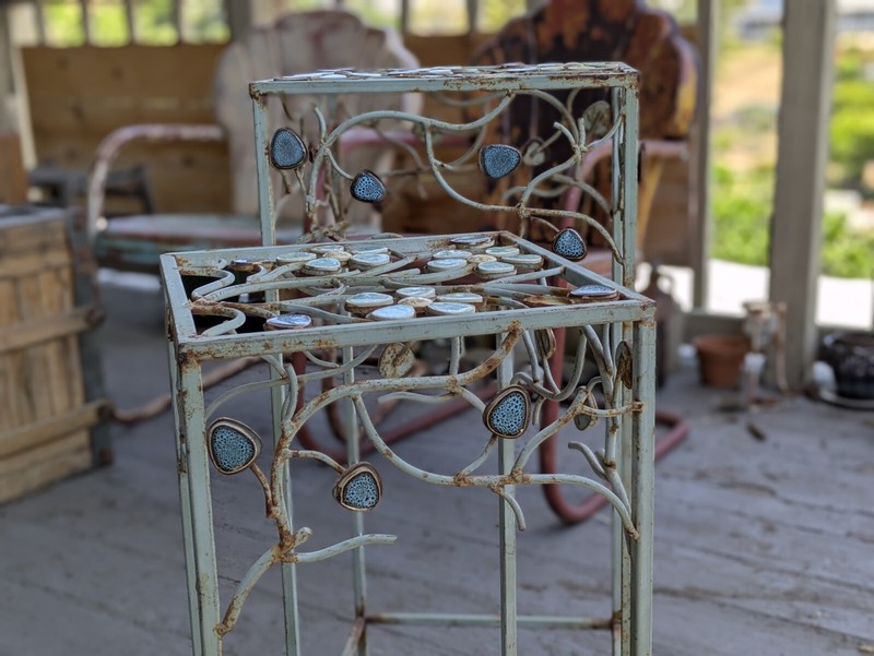 Vintage Distressed Metal End Side Tables two floral flower design teal plant sta gallery