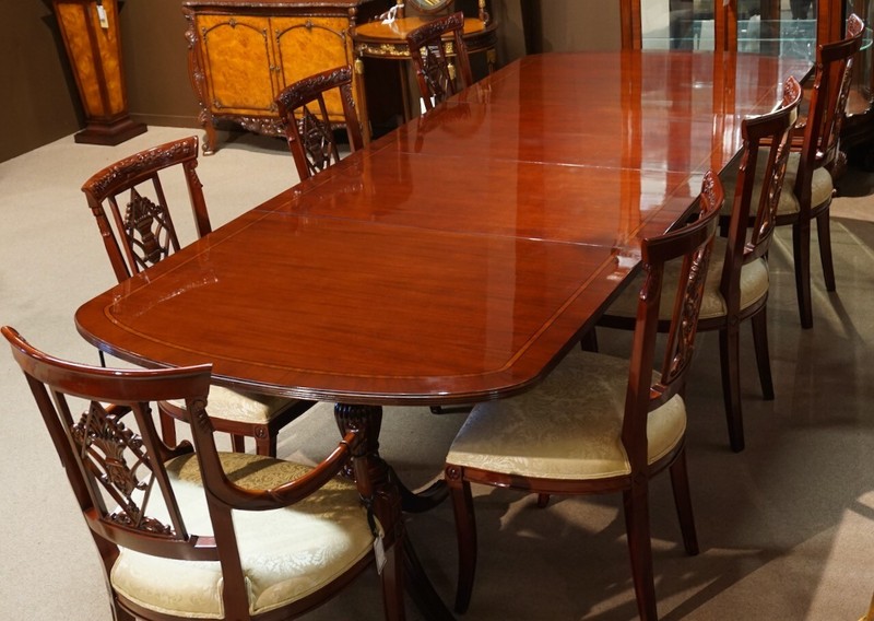 Beautiful 10' Duncan Phyfe traditional mahogany 2 pedestal formal dining table gallery