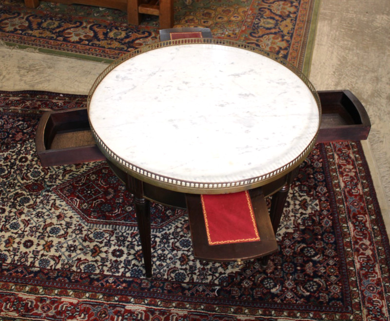Antique French Louis XVI Mahogany Marble Top Bouillotte Round Side Table gallery
