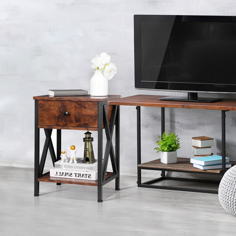 2 Set of End Tables X-Shaped Wooden Accent Sofa Side Table Drawer Open Shelf gallery