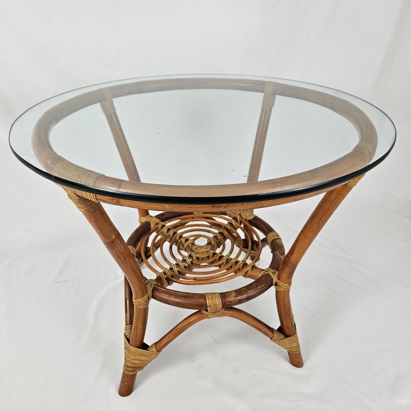 Vintage Rattan End Table Plant Stand Glass Top Boho Tiki Mid-Century Modern gallery