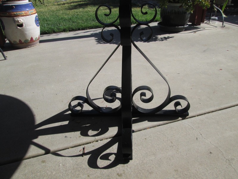 Vintage table scrolled wrought iron base w/round wood top dinning patio table gallery