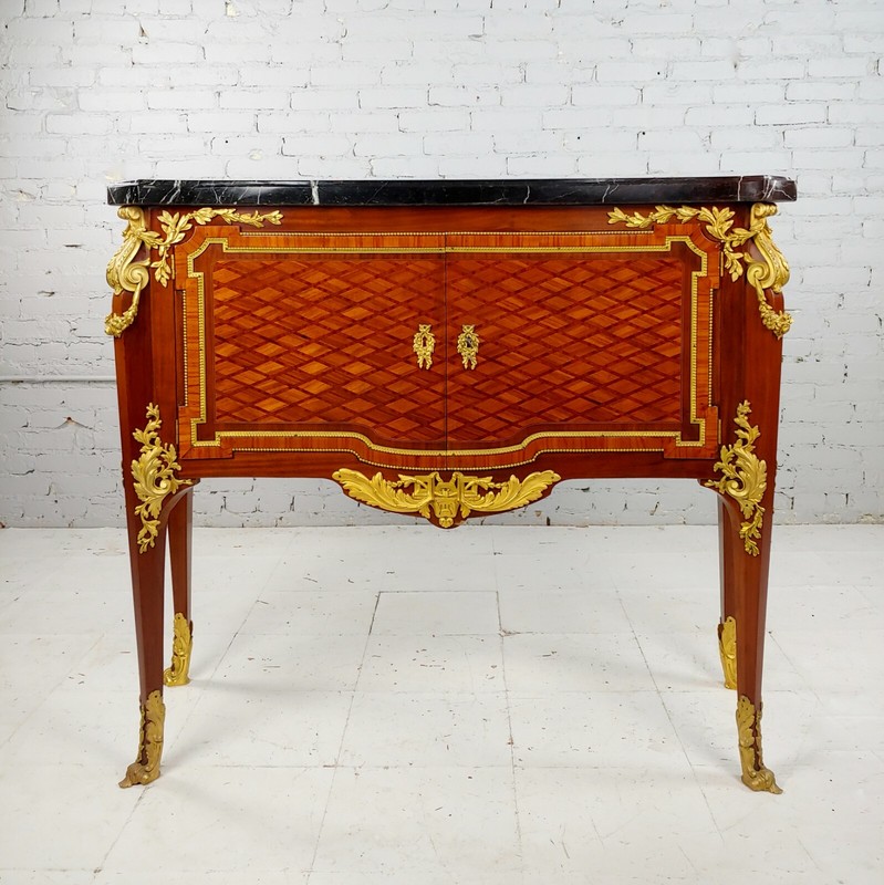 19th century French Cabinet double door w/Gilt Bronze Ormolu & Marble top-Signed gallery