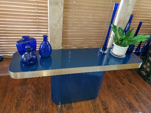 Vintage Mid-Century Modern Electric Blue Sofa or Console Table Brass Trim