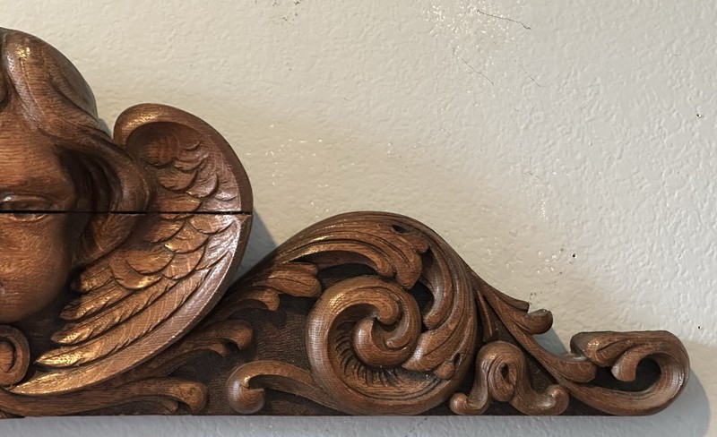 Architectural Salvage Carved Walnut, Cherub, Angel Renaissance Wall Plaque 44” gallery