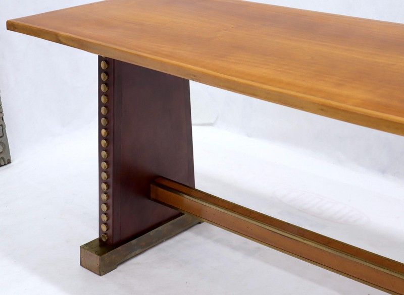 Narrow Long Boat Shape Walnut Dining Harvest Table Studs Leather Brass Decorated gallery