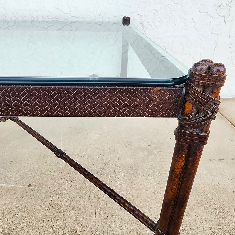 Maitland Smith Style Faux Bamboo Glass & Leather Cocktail Table gallery