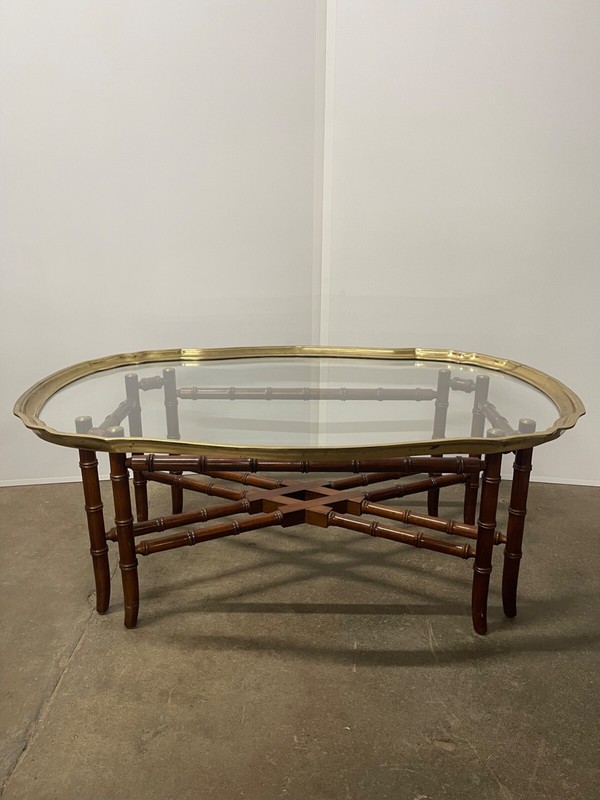 Late 20th Century Hollywood Regency Style Faux-Bamboo Brass and Glass Tray-Top C gallery