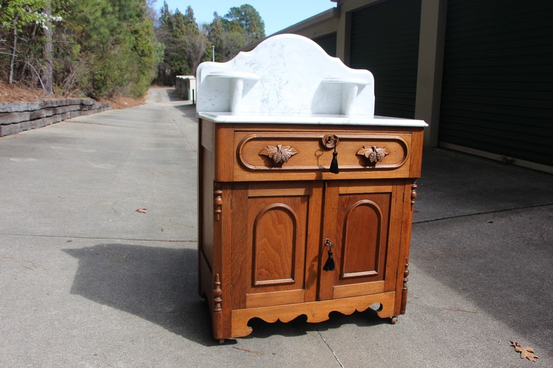 Walnut Victorian Renaissance Revival Marble Top Washstand with Candle Stands gallery