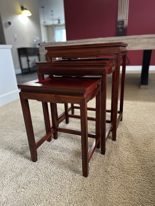 Vtg Asian Chinese Set of 3 Nesting Nested Side Tables Solid Rosewood EUC gallery