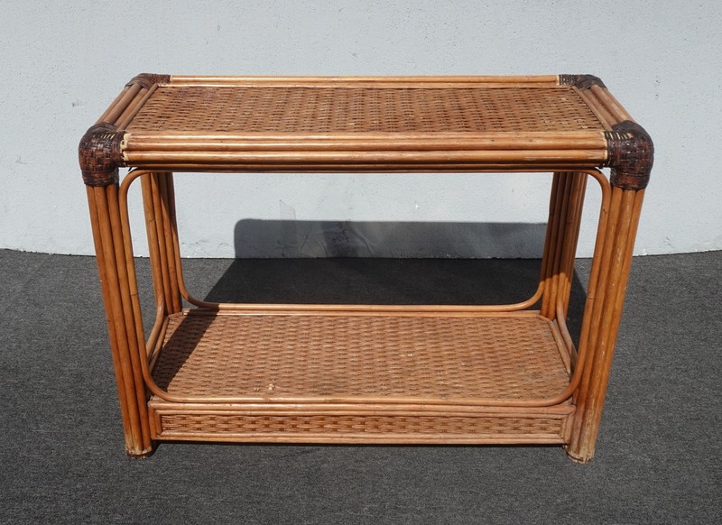 Vintage Rustic Console Sofa Table Tiki Palm Beach Style w Bamboo Rattan Leather gallery