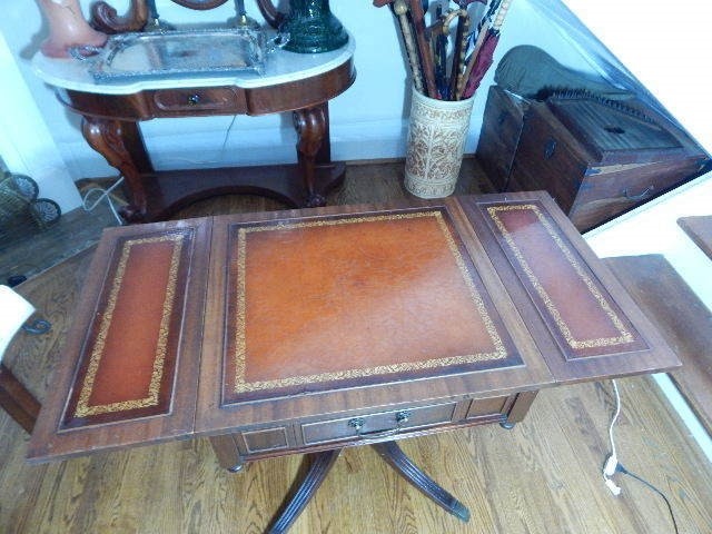 Antique Mahogany Drop Leaf Table W/ Tooled Leather Top and Leaves
