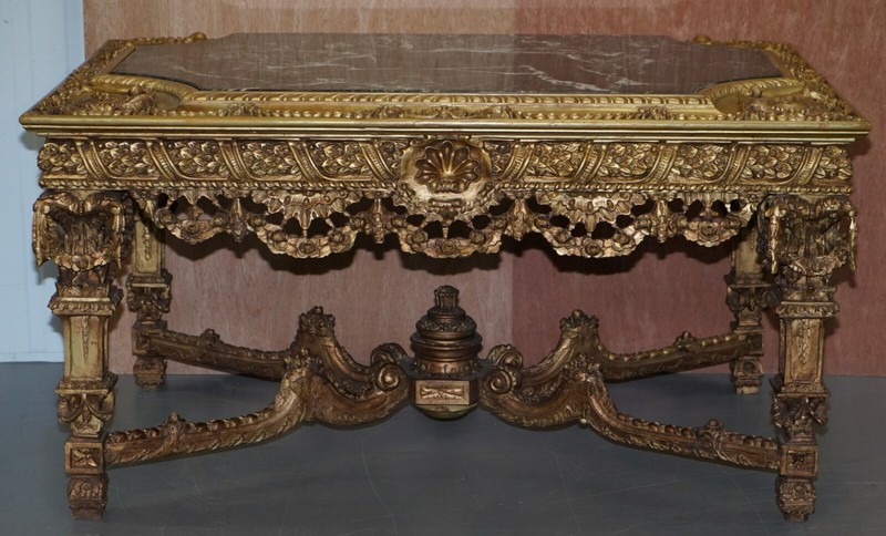 LARGE IMPORTANT 19TH CENTURY CONTINETAL CARVED GILTWOOD AND MARBLE CENTRE TABLE gallery