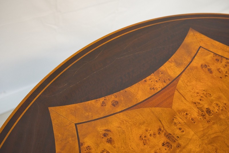 NO TARIFFS! 4' traditional ornate round mahogany Centre Table with inlay gallery