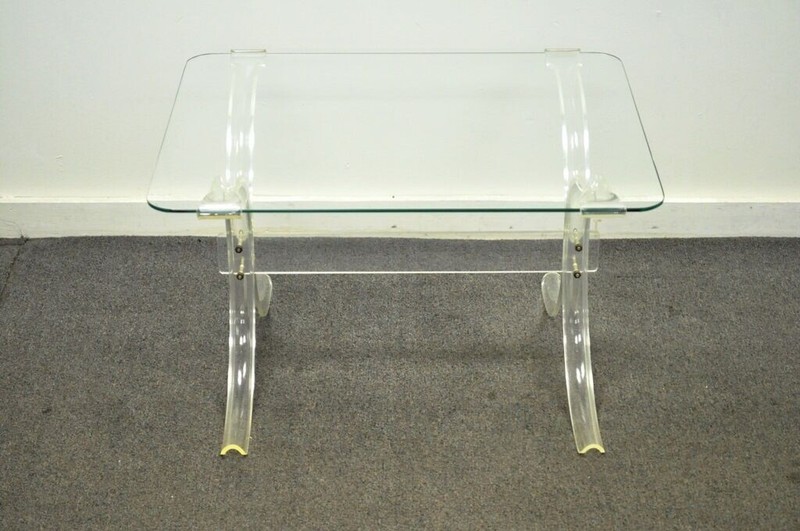 Vintage Mid Century Modern Glass Top Lucite X Form Butterfly Side End Table gallery