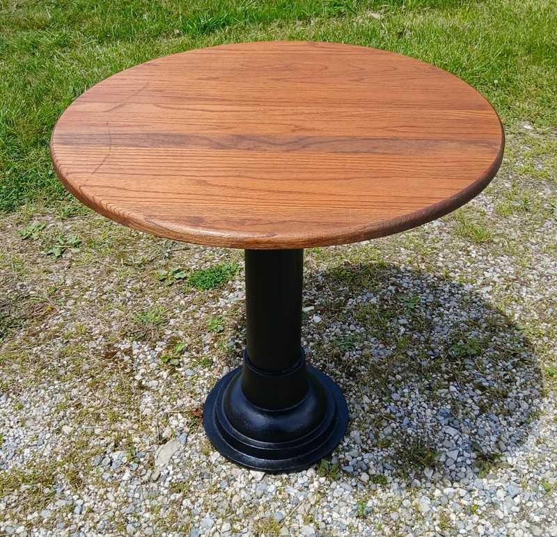 Antique Round Oak Top Pub Table or Game Table with Cast Iron Column Base gallery