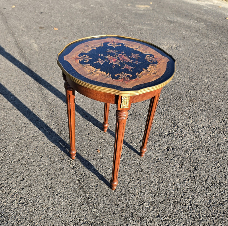 French Side Table W/ Handpainted Ebonized Top Metal Edging Ormolu Accent Antique