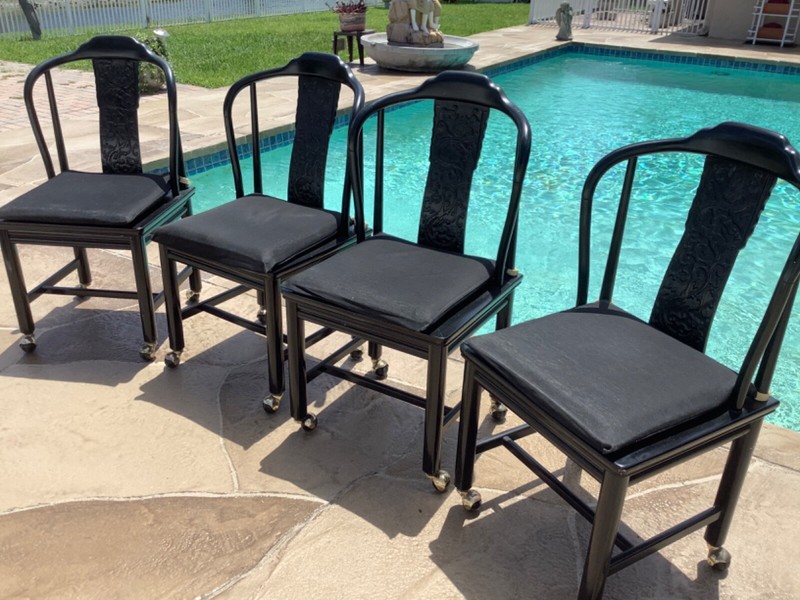 HENREDON VINTAGE BLACK ASIAN DINING ROOM SET ROUND TABLE 4 CHAIRS,2 LEAFS DRAGON