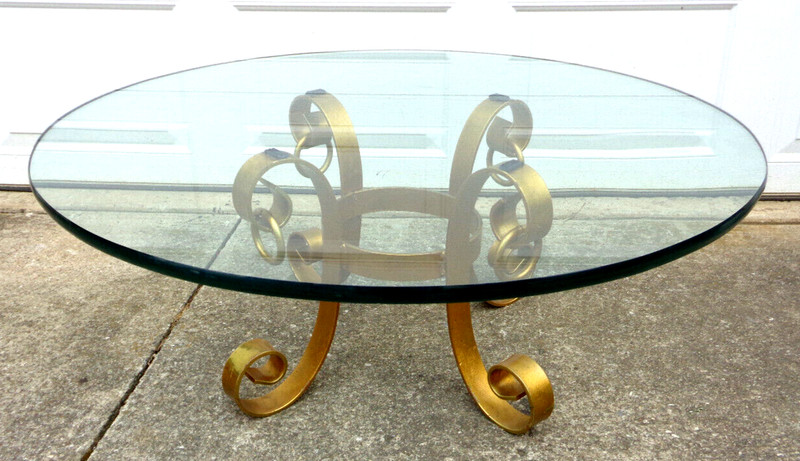 ITALIAN? GILDED SCROLL IRON COFFEE TABLE, HOLLYWOOD REGENCY, 3/4" GLASS, HEAVY! gallery