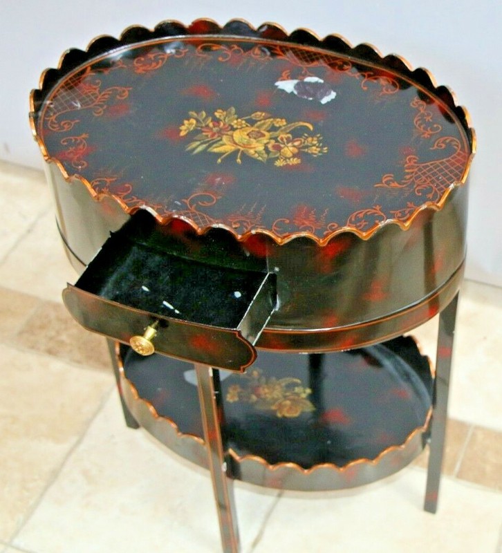 Maitland Smith Table English Regency Metal Black Painted Two Tier drawer Rare gallery