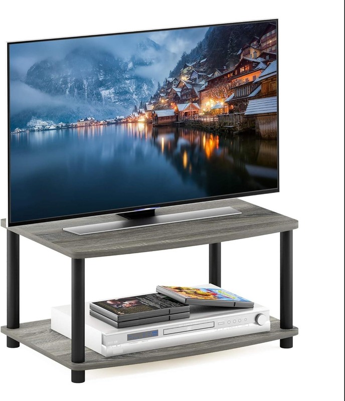 2-Tier Elevated TV Stand, French Oak Grey/Black, High Quality gallery