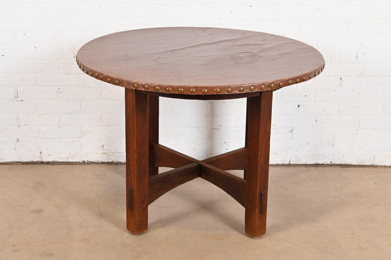 Gustav Stickley Antique Mission Oak Arts & Crafts Leather Top Center Table gallery