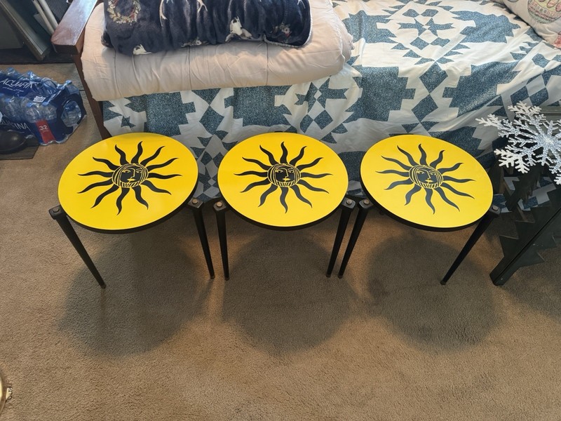 RARE Set Of 3 Mid-Century Mod Stacking Tables With Starburst Design By Scheibe
