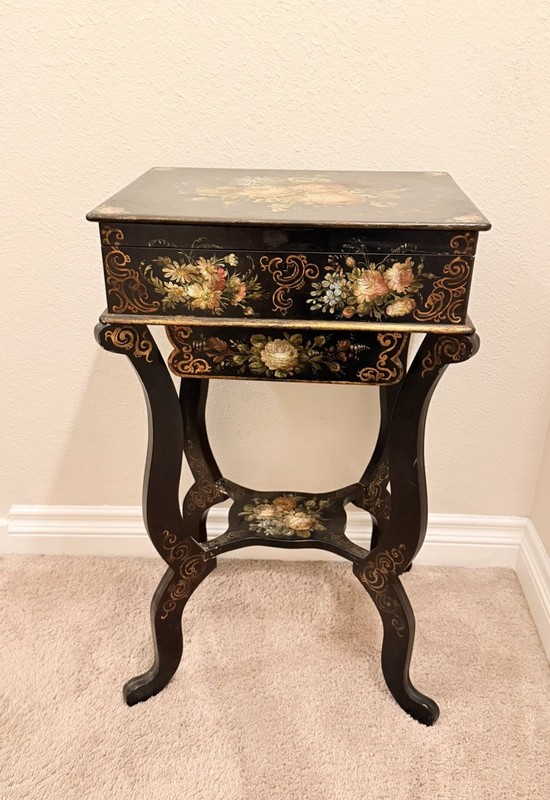 Antique Hand-Painted Floral Side Table Black Lacquer Wood Drawer Late 19th Cent