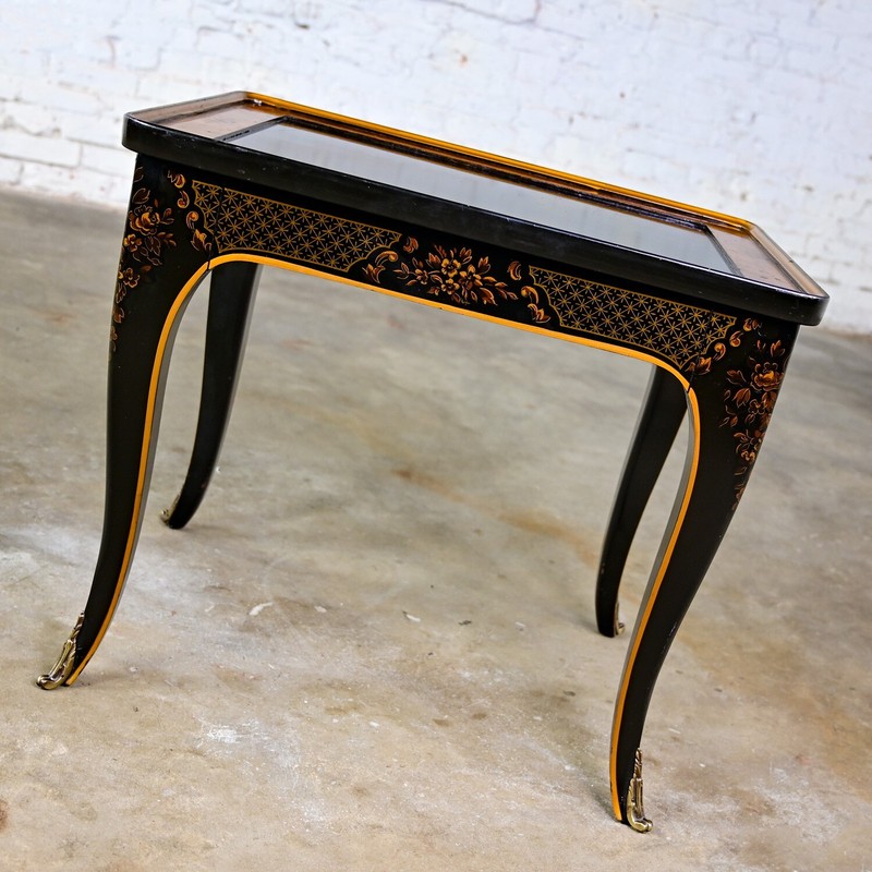 1982 Drexel Heritage ET Cetera Chinoiserie End Table Black & Burl with Ormolu gallery