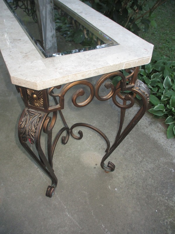 GORGEOUS! Vintage French Ornate Iron with Marble and Glass Top Console Table gallery